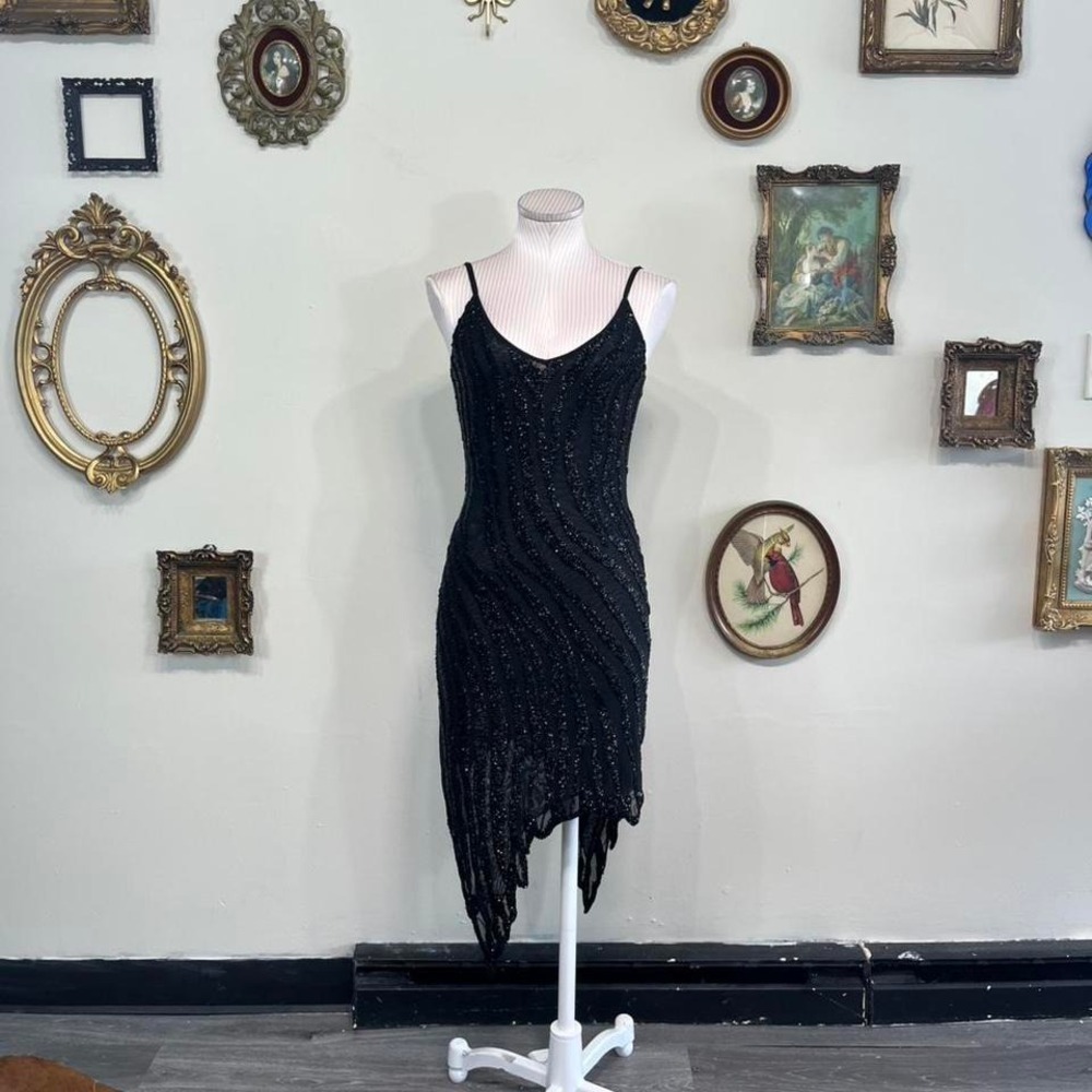 Renzo + Kai Black Beaded Evening Dress with Asymmetrical Hem – Size Small